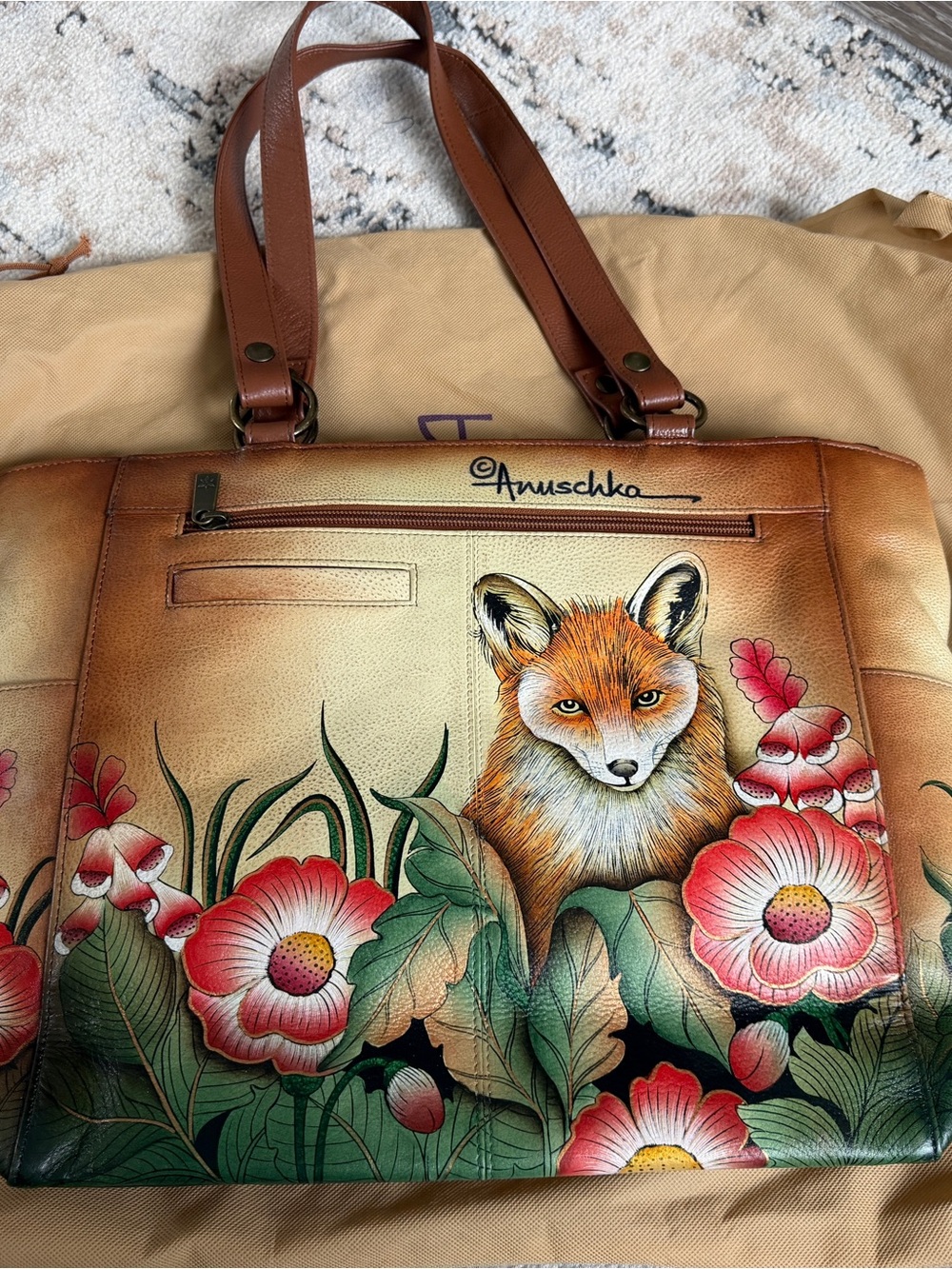 Anuschka Hand-Painted Fox & Floral Tote in Brown, Green, Pink
